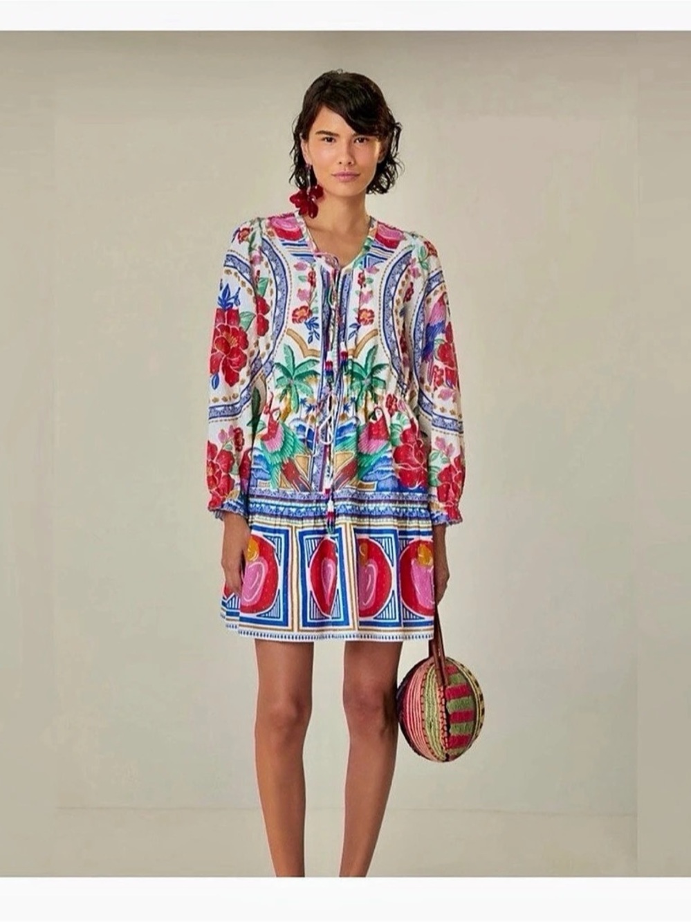 Farm Rio Palm Tree Beach Mini Dress Floral Multicolor & Red Small - Picture 6 of 6